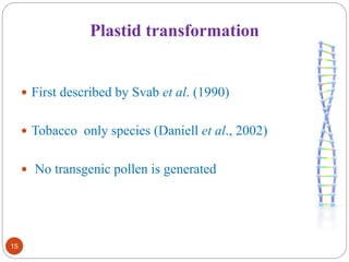 Plastid transformation 
 First described by Svab et al. (1990) 
 Tobacco only species (Daniell et al., 2002) 
 No transgenic pollen is generated 
15 
 