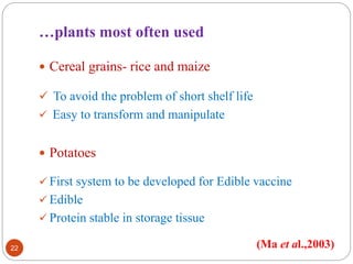 …plants most often used 
22 
 Cereal grains- rice and maize 
 To avoid the problem of short shelf life 
 Easy to transform and manipulate 
 Potatoes 
 First system to be developed for Edible vaccine 
 Edible 
 Protein stable in storage tissue 
(Ma et al.,2003) 
 