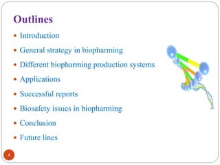 Outlines 
 Introduction 
 General strategy in biopharming 
 Different biopharming production systems 
 Applications 
 Successful reports 
 Biosafety issues in biopharming 
 Conclusion 
 Future lines 
4 
 