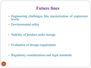 Future lines 
54 
• Engineering challenges like maximization of expression 
levels 
• Environmental safety 
• Stability of product under storage 
• Evaluation of dosage requirement 
• Regulatory considerations and legal standards 
 