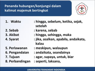 1. Waktu : hingga, sebelum, ketika, sejak,
setelah
2. Sebab : karena, sebab
3. Akibat : hingga, sehingga, maka
4. Syarat : jika, asalkan, apabila, andaikata,
kalau
5. Perlawanan : meskipun, walaupun
6. Pengandaian : andaikata, seandainya
7. Tujuan : agar, supaya, untuk, biar
8. Perbandingan : seperti, laksana,
Penanda hubungan/konjungsi dalam
kalimat majemuk bertingkat
 