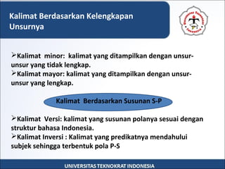 Kalimat minor: kalimat yang ditampilkan dengan unsur-
unsur yang tidak lengkap.
Kalimat mayor: kalimat yang ditampilkan dengan unsur-
unsur yang lengkap.
Kalimat Berdasarkan Susunan S-P
Kalimat Versi: kalimat yang susunan polanya sesuai dengan
struktur bahasa Indonesia.
Kalimat Inversi : Kalimat yang predikatnya mendahului
subjek sehingga terbentuk pola P-S
Kalimat Berdasarkan Kelengkapan
Unsurnya
 