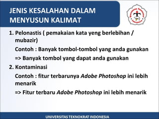 JENIS KESALAHAN DALAM
MENYUSUN KALIMAT
1. Pelonastis ( pemakaian kata yeng berlebihan /
mubazir)
Contoh : Banyak tombol-tombol yang anda gunakan
=> Banyak tombol yang dapat anda gunakan
2. Kontaminasi
Contoh : fitur terbarunya Adobe Photoshop ini lebih
menarik
=> Fitur terbaru Adobe Photoshop ini lebih menarik
 