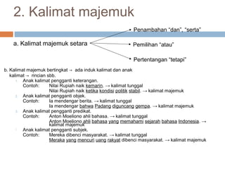 2. Kalimat majemuk
                                                          Penambahan “dan”, “serta”

    a. Kalimat majemuk setara                             Pemilihan “atau”

                                                          Pertentangan “tetapi”
b. Kalimat majemuk bertingkat → ada induk kalimat dan anak
   kalimat → rincian sbb.
      1. Anak kalimat pengganti keterangan.
         Contoh:      Nilai Rupiah naik kemarin. → kalimat tunggal
                      Nilai Rupiah naik ketika kondisi politik stabil. → kalimat majemuk
      2. Anak kalimat pengganti objek.
         Contoh:      Ia mendengar berita. → kalimat tunggal
                      Ia mendengar bahwa Padang diguncang gempa. → kalimat majemuk
      3. Anak kalimat pengganti predikat.
         Contoh:      Anton Moeliono ahli bahasa. → kalimat tunggal
                      Anton Moeliono ahli bahasa yang memahami sejarah bahasa Indonesia. →
                      kalimat majemuk
        Anak kalimat pengganti subjek.
         Contoh:      Mereka dibenci masyarakat. → kalimat tunggal
                      Meraka yang mencuri uang rakyat dibenci masyarakat. → kalimat majemuk
 