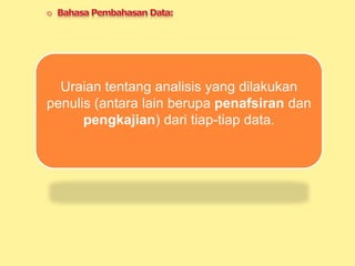 Uraian tentang analisis yang dilakukan
penulis (antara lain berupa penafsiran dan
pengkajian) dari tiap-tiap data.
 