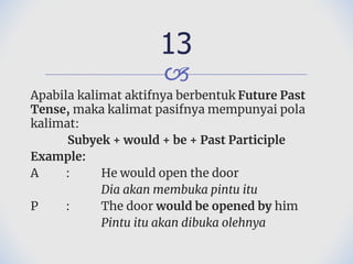 🙢
Apabila kalimat aktifnya berbentuk Future Past
Tense, maka kalimat pasifnya mempunyai pola
kalimat:
Subyek + would + be + Past Participle
Example:
A : He would open the door
Dia akan membuka pintu itu
P : The door would be opened by him
Pintu itu akan dibuka olehnya
13
 