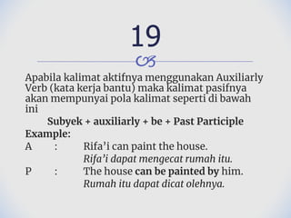 🙢
Apabila kalimat aktifnya menggunakan Auxiliarly
Verb (kata kerja bantu) maka kalimat pasifnya
akan mempunyai pola kalimat seperti di bawah
ini
Subyek + auxiliarly + be + Past Participle
Example:
A : Rifa’i can paint the house.
Rifa’i dapat mengecat rumah itu.
P : The house can be painted by him.
Rumah itu dapat dicat olehnya.
19
 