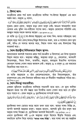 KvwjgvZzk kvnv`vn.............................................................................................................................................................32
1. [Bjg] Ávb:
ZvInx‡`i cÖ_g kZ© n‡jv ZvInx‡`i Kvwjgv Ôjv-Bjvnv BjøvjøvnÕ Gi Ávb
AR©b Kiv| Avjøvn e‡jb,
‫اﻧﻪ‬‫ﻠﻢ‬ʋ‫﴿ﻓﺎ‬ٗ َّ َ ْ َ ْ َ‫ْﻤﺆﻣﻨ‬‫ﻟ‬‫وا‬‫وﻟﻠﻤﺆﻣﻨﲔ‬‫ﻟﺬﻧﺒﻚ‬‫ﺮ‬ ‫وا‬‫اﷲ‬ ّ‫اﻻ‬‫اﻟﻪ‬‫ﻻ‬َ َ َِ ِْ ْ ُٰ َُ َ ََ ْ ِ ْْ َِ ِ ِْ ۢ َ ْ ِ‫ﻔ‬‫ﺳﺘﻐ‬َ ِ ِْ ُ َ ۤ‫ﺎت‬ِؕ‫وا‬َ﴾‫ﻛﻢ‬‫وﻣﺜﻮا‬‫ﳉﻢ‬ ‫ﻳﻌﻠﻢ‬‫ﷲ‬ْ ُْ َ َْ ‫ﻣﺘﻘﻠﺒ‬َ َ ُ َّ َ َ ُ ُ َ ْ َ ُ
myZivs †R‡b †i‡Lv, Avjøvn Qvov †Kvb gvey` †bB; AZGe ¶gvcÖv_©bv K‡iv
†Zvgvi Ges gywgb bi-bvix‡`i cv‡ci Rb¨| Avjøvn †Zvgv‡`i MwZwewa Ges
Ae¯’vb m¤^‡Ü mg¨K AeMZ Av‡Qb| [m~iv gynv¤§v` 47: 19]
†h e¨w³ ّ‫إﻻ‬ ‫إﻟﻪ‬ ‫ﻻ‬َ ِ َِ ٰ َ‫اﷲ‬ُ [jv-Bjvnv Bjøvjøvn] Gi mv¶¨ w`j; Avevi MvBiæjøvn Z_v
Avjøvn Qvov Ab¨ †Kvb/KviI/wKQzi Bev`vZI Kij, Zvi G mv‡¶¨i †Kvb g~j¨
†bB, hw`I †m mvjvZ Av`vq K‡i, wmqvg cvjb K‡i Ges Bmjv‡gi wKQz
KvRKg© K‡i|
2. [Avj-BqvK¡xb] wbwðZfv‡e wek¦vm ¯’vcb:
Avgv‡`i‡K Aek¨B kvnv`vi cÖ_g kZ© [ZvInx` I wimvjvZ] Gi Dci `„pfv‡e
wek¦vm Ki‡Z n‡e| Avjøvni Aw¯ÍZ¡, Avjøvni ivm~j , †d‡ikZv, Avmgvbx
wKZvemg~n, wePvi w`em, ZvK&`xi, RvbœvZ, Rvnvbœvg BZ¨vw`i e¨vcv‡iI
†Kvbiƒc m‡›`n †cvlY Kivi AeKvk †bB| Avjøvn& I ivm~j Gi e³‡e¨i
we‡ivwaZv Kiv hv‡e bv|
َ ‫ﻦ‬ ‫﴿و‬ّ ْ‫ﻳ‬ َ‫ﻣ‬َ‫وﻣﻶﺋﻜﺘﻪ‬‫ﺑﺎﷲ‬‫ﺮ‬ِ َ ُِ َ َ َ ِ ِ ْ ‫ﳉﻔ‬ْٖ‫ﺒﻪ‬ʐ‫وﻛ‬ِ ُ ُ َٖ‫ورﺳﻠﻪ‬ِ ُ ُ َٖ‫اﻻ‬‫ْﻴﻮم‬‫ﻟ‬‫وا‬ٰ ْ ِ ْ َ َۢ‫ﺿﻼﻻ‬‫ﻞ‬ ‫ﻓﻘﺪ‬‫ﺮ‬ً َ َِ َّ َ‫ﺿ‬ ْ َ َ ‫ﺧ‬ِ‫ﺑﻌﻴ‬ْ ِ َ﴾‫ﺪا‬ً
†h e¨w³ Avjøvn‡K I Zuvi †d‡ikZv‡`i‡K, Zuvi wKZvemg~n‡K, Zuvi
ivm~jMY‡K Ges †kl w`em‡K A¯^xKvi K‡i †m mxgvnxb c_åóZvq cwZZ nq|
[m~iv wbmvt 4: 136]
3. [Avm-wm`K¡] mZ¨ev`xZv:
GKRb gywgb‡K ZvInx‡`i Kvwjgvq mZ¨ev`x n‡Z n‡e| †m gy‡L Kvwjgv
D”PviY Kivi ci hw` AšÍ‡i Zvi wecixZ aviYv †cvlY K‡i Z‡e †m gywgb
n‡Z cvi‡e bv| †hgb Avjøvn gybvwdK‡`i m¤ú‡K© e‡jb,
﴿‫ا‬ِ‫ﺟﺂء‬‫ذا‬َ َ َ‫ْﻤﻨﺎﻓﻘﻮ‬‫ﻟ‬‫ا‬ ‫ك‬ْ ُ ِ َ ُ َ‫َﺎﻟﻮ‬‫ﻗ‬ ‫ن‬ْ ُ َ‫ﻧﺸﻬﺪ‬‫ا‬ُ َ ْ َ‫ا‬ِ‫اﷲ‬ ‫ﺮﺳﻮل‬ ‫ﻧﻚ‬ِؕ ُ ْ ُ َ َ‫ﻟ‬ َ َّ‫ﻳﻌﻠﻢ‬‫واﷲ‬ُ َ ْ َ ُ َ‫ا‬ِ‫ﻳﺸﻬﺪ‬‫واﷲ‬ ‫ﺮﺳﻮﻟﻪ‬ ‫ﻧﻚ‬ُ ٗ ََ ْ َ ُ َ ُ ْ ُ َ َ‫ﻟ‬ َّ
‫ا‬ِ‫ْﻤﻨﺎﻓﻘﲔ‬‫ﻟ‬‫ا‬‫ن‬َ ْ ِ ِ َ ُ َّ‫ﲝذﺑﻮ‬ʆْ ُ ِ َ َ‫ﻟ‬﴾‫ن‬َ
gybvwdKiv hLb †Zvgvi Kv‡Q Av‡m ZLb Zviv e‡j- Avgiv mv¶¨ w`w”Q †h,
Avcwb Aek¨B Avjøvni ivm~j| Avjøvn Rv‡bb, Aek¨B Zzwg Zuvi ivm~j Avi
Avjøvn mv¶¨ w`‡”Qb †h, gybvwdKiv Aek¨B wg_¨vev`x| [m~iv gybvwdK~b- 63: 1]
GLv‡b gybvwdKiv bex -†K Avjøvni ivm~j wn‡m‡e ¯^xK…wZ w`‡q‡Q Ges
K_vUv‡K ZvwM` w`‡q e‡j‡Q ÒAvgiv mv¶¨ w`w”QÓ| Avi mv¶¨ ejv nq AvšÍwiK
 