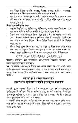 KvwjgvZzk kvnv`vn.............................................................................................................................................................61
Rb¨ bxi‡e `uvwo‡q bv _vwK| MYZš¿, cxiZš¿, ivRZš¿, cuywRev`, mgvRZš¿,
bvw¯ÍK¨ev`, ag©wbi‡c¶ev`‡K bv ewj I cÖZ¨vL¨vb Kwi|
• gvhvi I Ke‡i bhi/gvbœZ bv Kwi| gvhvi I Ke‡i wM‡q gvhvi I Kei
gyLx n‡q `yÔAv I mvjvZ/bvgvh bv cwo| nv`x‡m ewY©Z `yÔAvmg~n Avg‡j
Avbvi †Póv Kwi|
wkiK m¤ú‡K© mnR K_v:
Avjøvni Dj~wnq¨vZ, iæe~weq¨vZ, De~w`q¨vZ, Avmgv Iqvm-wmdv‡Zi mv‡_
Ab¨ †Kvb e¨w³ ev kw³‡K Askx`vi g‡b KivB n‡”Q wkiK|
wkiK mg¯Í †bK Avgj‡K webó K‡i †`q| wki‡Ki cv‡ci †Kvb ¶gv
†bB| wki‡Ki cwiYwZ aŸsm| gykwiKiv wPi¯’vqx Rvnvbœvgx| gykwiK‡`i
Rb¨ ¶gv cÖv_©bv Kiv wb‡la| wkiK wgwkÖZ Cgvb KLbB Cgvb wn‡m‡e
MÖnY‡hvM¨ bq|
Rxeb wecbœ n‡jI wkiK Kiv hv‡e bv| myZivs wkiK †_‡K †eu‡P _vKvi
Rb¨ memgq Avjøvni wbK‡U cÖvY Ly‡j `yÔAv Kiv I mvnvh¨ cÖv_©bv Kiv
KZ©e¨| ivm~j wkiK n‡Z euvPvi Rb¨ Avgv‡`i‡K `yÔAv wkwL‡q‡QbÑ
‫ا‬َ‫ﻟﻠ‬ّٰ‫ﻧﻌﻠﻤﻪ‬‫ﺌﺎ‬ʎ‫ﺷ‬‫ﺮك‬ ‫أن‬‫ﻧﻌﻮذﺑﻚ‬‫إﻧﺎ‬‫ﻬﻢ‬ُ َ ْ ِ ْ َُ ً َْ َُ َْ ‫ﻧﺸ‬ُ ُ ّ ََ
َ ِ ْ َ ِ ّٗ‫ﻟ‬‫ﺮك‬ ‫و‬ِ َ ُْ ِ‫ﻔ‬‫ﻧﺴﺘﻐ‬َ ْ َ َ‫ﻧﻌﻠﻤ‬‫ﻻ‬‫ﻤﺎ‬ُ ََ ْ َ َ‫ﻪ‬ٗ
D”PviY: Avjøvû¤§v Bbœv bvÔEhyweKv Avb-bykwiKv kvBAvb bvÔjvgyn, Iqv
bvmZvMwdiæKv wjgv jv bvÔjvgyn|
A_©: †n Avjøvn! †R‡b-ey‡S wkiK Kiv †_‡K Avgiv Avcbvi wbKU AvkÖq
cÖv_©bv KiwQ Ges Avgv‡`i AÁvZ wkiK †_‡KI Avcbvi wbK‡U ¶gv Pvw”Q|46
Avjøvn Avgv‡`i mevB‡K †QvU-eo mKj cÖKvi wkiK n‡Z i¶v Kiæb|
Avgxb|
Rv‡njx hy‡M cÖPwjZ K‡g©i mv‡_
evsjv‡`‡ki gymwjg‡`i K‡g©i Zzjbvg~jK Av‡jvPbv
Rv‡njx hy‡Mi gvby‡li wek¦vm, Kg© I Af¨v‡mi mv‡_ eZ©gvb evsjv‡`‡ki
gymwjg‡`i Kx cwigvY wgj ev Awgj i‡q‡Q, Zv me© mvavi‡Yi wbKU †hb
m¤ú~Y©fv‡e cwi®‹vi n‡q hvq, †mRb¨ wb‡gœ Dfq mg‡qi wkiKx Kg©Kv‡Ûi
GKwU Zzjbvg~jK eY©bv cÖ`vb Kiv n‡jv :
1. Rv‡njx hy‡Mi †jv‡Kiv Kvwnb ev MYK‡`i Øviv fvM¨ Rvbvi †Póv KiZ|
Avi eZ©gvb mg‡qi A‡bK gymwjg MYK, wUqv cvwL I evb‡ii gva¨‡g fvM¨
Rvbvi †Póv K‡i|
46
gymbv‡` Avngv`: 19606, gymvbœv‡d Be‡b Avwe kvqev: 29547|
 
