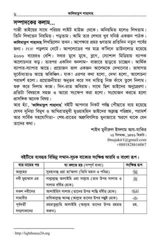 KvwjgvZzk kvnv`vn.............................................................................................................................................................6
m¤úv`‡Ki Kjvg...
MvRx fvB‡qi mv‡_ cwiPq jvBU nvDR1
†_‡K| AwbqwgZ n‡jI wjLZvg|
wZwb wjL‡Zb wbqwgZ| coZvg| Avwg Zvi †jLvi Lye Nwbô GKRb cvVK|
KvwjgvZzk kvnv`vn wjLwQ‡jb ZLb| A‡cÿvi cÖni ¸YZvg cÖwZw`b bZzb c‡e©i
Rb¨| PDF cojvg †b‡U| Avc‡jv‡Wi ci gvÎ KÕw`‡b WvDb‡jvW n‡q‡Q
2000 ev‡iiI †ewk| mevi gy‡L gy‡L, eø‡M, †m¨vkvj wgwWqvq e¨vcK
Av‡jvPbvi So| Zvici GKw`b ïbjvgÑ evRv‡i Qvo‡Z Pv‡”Qb| Avw_©K
e¨vcvi-m¨vcvi Av‡Q| cÖ‡qvRb fvj GKRb Av‡jg‡K †`Lv‡bvi| fvlvMZ
`y‡e©va¨ZvI Av‡Q AwKwÂr| hvK! Gici K_v n‡jv, †`Lv n‡jv, Av‡jvPbv
civgk© n‡jv| cÖ‡qvRbxqZv Abyfe K‡i me `vwqZ¡ wbR Kuv‡a Zz‡j wbjvg|
ïiæ K‡i w`jvg KvR| w`b-ivZ Aweivg| mv‡_ wQj fvB‡`i Aby‡cÖiYv|
cÖwZUv welq‡K mnR I Av‡iv ms‡ÿc Kiv n‡jv| ms‡hvRb Ki‡Z n‡jv
cÖvmw½K A‡bK welq|
Avi nu¨v, ÔKvwjgvZzk kvnv`vnÕ eBwU Avcbvi wbKU ch©šÍ †cuŠQv‡Z e¨q n‡q‡Q
†hme `ywbqv wegyL I AvwLivZgyLx gyIqvnwn` fvB‡`i AK¬všÍ cwikÖg, civgk©
Avi mvwe©K mn‡hvwMZvÑ †kl-iv‡Zi AkÖæweMwjZ gybvRv‡Z ¯§i‡Y _v‡K †hb
Zv‡`i K_v|
kvBL gybxiæj Bmjvg Avh-hvwKi
01 whjn¾, 1436 wnRwi|
ibnujakir1@gmail.com
+8801828616067
eBwU‡Z e¨eüZ wewfbœ m¤§vb-m~PK ev‡K¨i msw¶ß Aviwe I evsjv iƒc|
hvi bv‡gi ci hv ej‡Z nq (m¤ú~Y© evK¨) msw¶ß iƒc
Avjøvni myenvbvû Iqv ZvÔAvjv (wZwb gnvb I cweÎ)
bex gynv¤§v` Gi mvjøvjøvû AvjvBwn Iqv mvjøvg (Zvi Dci mvjvZ I
mvjvg ewl©Z †nvK)
mKj bex‡`i AvjvBwnm mvjvg (Zv‡`i Dci kvwšÍ ewl©Z †nvK)
mvnvexi ivwhAvjøvû Avbû (Avjøvn Zv‡`i Dci mšÍyó †nvK)
c~e©eZx©
mr‡jvK‡`i
ingvZzjøvwn AvjvBwn (Avjøvn Zv‡`i Dci ingZ
Kiæb)
in.
1
http://lighthouse24.org
 