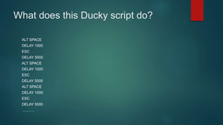 What does this Ducky script do?
ALT SPACE
DELAY 1000
ESC
DELAY 5000
ALT SPACE
DELAY 1000
ESC
DELAY 5000
ALT SPACE
DELAY 1000
ESC
DELAY 5000
……….
 