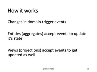 How it works
Changes in domain trigger events
Entities (aggregates) accept events to update
it’s state
Views (projections) accept events to get
updated as well
@skalinets 25
 
