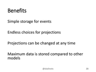 Benefits
Simple storage for events
Endless choices for projections
Projections can be changed at any time
Maximum data is stored compared to other
models
@skalinets 28
 