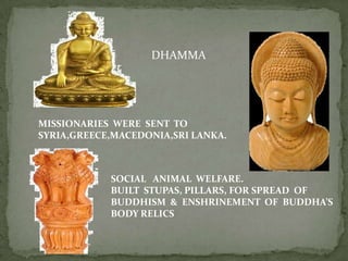DHAMMA




MISSIONARIES WERE SENT TO
SYRIA,GREECE,MACEDONIA,SRI LANKA.



            SOCIAL ANIMAL WELFARE.
            BUILT STUPAS, PILLARS, FOR SPREAD OF
            BUDDHISM & ENSHRINEMENT OF BUDDHA’S
            BODY RELICS
 