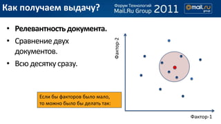 Как получаем выдачу?

• Релевантность документа.
• Сравнение двух




                                       Фактор-2
  документов.
• Всю десятку сразу.


        Если бы факторов было мало,
        то можно было бы делать так:

                                                  Фактор-1
 