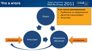 Что в итоге
                                      И не только ранжирование:
                                      • Разбиение на предложения.
                                      • Детектор порнографии.
                           Поиск      • Антиспам.




                                   Машинное
   Инструкция   Асессоры                           Алгоритмы
                                   обучение
 
