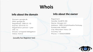 Whois
Info about the owner
Info about the domain
(usually has Registrar too)
 