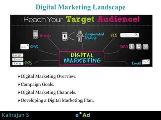 Digital Marketing Overview.
Campaign Goals.
Digital Marketing Channels.
Developing a Digital Marketing Plan.
 