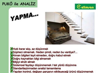 PUKÖ ile ANALİZ




    Hızlı karar alıp, az düşünmek
    Şüpheci olmamak. Neden şimdi, neden bu vardiya?...
    Alınan bilgileri teyit etmeden, doğru kabul etmek
    Doğru kaynaktan bilgi almamak
    Bilgiyi eksik almak
    Sistemsel faydayı düşünmemek / tek yönlü düşünme
    Standartlaştırmadan analizi tamamlama
    Yapılan kontrol, değişen parçanın etkileyeceği ürünü düşünmemek
 