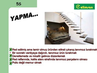 5S




 Red edilmiş ama tamir olmuş üründen etiketi çıkarıp,tanımsız bırakmak
 Bir sonraki vardiyaya dağınık, tanımsız ürün bırakmak
 Denetlemede ve misafir gelince düzenlemek
 Red raflarında, kalite alanı etrafında tanımsız parçaların olması
 Polis değil memur olmak
 