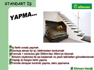 STANDART İŞ




  İşi farklı sırada yapmak
  Devreye alınan bir işi, bildirmeden durdurmak
  Formula 1 sürücüsü gibi 300km’den 30km’ye düşmek
  Birisinin söylemesi ile işe başlamak ve yazılı talimatları güncellememek
  Yaptığı işi hergün farklı yapma
  Formda olmayan kontrolü yapma, olanı yapmama

                                                         Elimsan klasiği
 