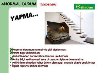 ANORMAL DURUM               horenso




    Anormal durumun normalmiş gibi algılanması
    Amire bilgi verilmemesi
    Acil önlemden sonra kalıcı önlemin unutulması
    Amire bilgi verilmemesi ama bir yandan işleme devam etme
    Acil önlem almadan kalıcı önlem planlayıp, onunda sözde bırakılması
    İlgisiz kişilerle önlem alınması
 