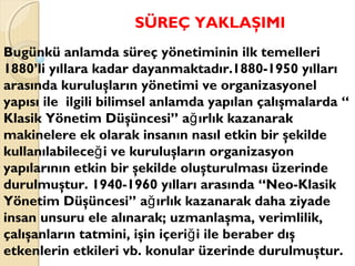 SÜREÇ YAKLAŞIMI
Bugünkü anlamda süreç yönetiminin ilk temelleri
1880’li yıllara kadar dayanmaktadır.1880-1950 yılları
arasında kuruluşların yönetimi ve organizasyonel
yapısı ile ilgili bilimsel anlamda yapılan çalışmalarda “
Klasik Yönetim Düşüncesi” a ırlık kazanarakğ
makinelere ek olarak insanın nasıl etkin bir şekilde
kullanılabilece i ve kuruluşların organizasyonğ
yapılarının etkin bir şekilde oluşturulması üzerinde
durulmuştur. 1940-1960 yılları arasında “Neo-Klasik
Yönetim Düşüncesi” a ırlık kazanarak daha ziyadeğ
insan unsuru ele alınarak; uzmanlaşma, verimlilik,
çalışanların tatmini, işin içeri i ile beraber dışğ
etkenlerin etkileri vb. konular üzerinde durulmuştur.
 