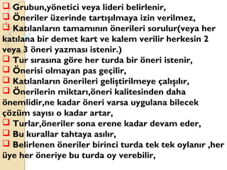  Grubun,yönetici veya lideri belirlenir,
 Öneriler üzerinde tartışılmaya izin verilmez,
 Katılanların tamamının önerileri sorulur(veya her
katılana bir demet kart ve kalem verilir herkesin 2
veya 3 öneri yazması istenir.)
 Tur sırasına göre her turda bir öneri istenir,
 Önerisi olmayan pas geçilir,
 Katılanların önerileri geliştirilmeye çalışılır,
 Önerilerin miktarı,öneri kalitesinden daha
önemlidir,ne kadar öneri varsa uygulana bilecek
çözüm sayısı o kadar artar,
 Turlar,öneriler sona erene kadar devam eder,
 Bu kurallar tahtaya asılır,
 Belirlenen öneriler birinci turda tek tek oylanır ,her
üye her öneriye bu turda oy verebilir,
 
