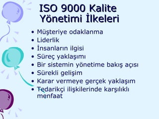 ISO 9000 Kalite  Yönetimi İlkeleri Müşteriye odaklanma Liderlik İnsanların ilgisi Süreç yaklaşımı Bir sistemin yönetime bakış açısı Sürekli gelişim Karar vermeye gerçek yaklaşım Tedarikçi ilişkilerinde karşılıklı menfaat 