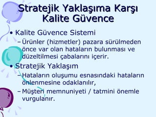 Stratejik Yaklaşıma Karşı Kalite Güvence Kalite Güvence Sistemi Ürünler (hizmetler) pazara sürülmeden önce var olan hataların bulunması ve düzeltilmesi çabalarını içerir. Stratejik Yaklaşım Hataların oluşumu esnasındaki hataların  önlenmesine odaklanılır, Müşteri memnuniyeti / tatmini önemle vurgulanır. 