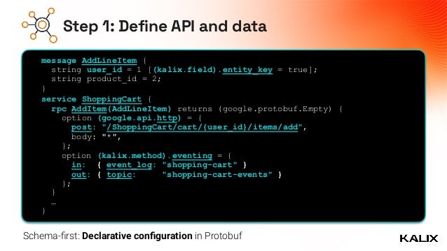 Step 1: Define API and data
service ShoppingCart {
rpc AddItem(AddLineItem) returns (google.protobuf.Empty) {
option (google.api.http) = {
post: "/ShoppingCart/cart/{user_id}/items/add",
body: "*",
};


}


…
}
message AddLineItem {
string user_id = 1 [(kalix.field).entity_key = true];
string product_id = 2;
}
option (kalix.method).eventing = {


in: { event_log: "shopping-cart" }


out: { topic: "shopping-cart-events" }


};
Schema-
fi
rst: Declarative con
fi
guration in Protobuf
 