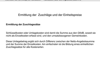 Methoden der Einheitspreis-Kalkulation – Kalkulation über die Angebotsendsumme




             Ermittlung der Zuschläge und der Einheitspreise


Ermittlung der Zuschlagssätze


Schlüsselkosten oder Umlagekosten sind damit die Summe aus den GKdB, soweit sie
nicht als Einzelkosten erfasst sind, und den umsatzbezogenen Gemeinkosten.

Diese Umlagebetrag ergibt sich durch Differenz zwischen der Netto-Angebotssumme
und der Summe der Einzelkosten. Am einfachsten ist die Bildung eines einheitlichen
Zuschlagssätze für alle Kostenarten
                        Kostenarten.
 