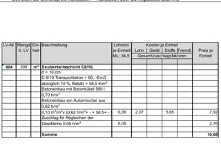 Methoden der Einheitspreis-Kalkulation – Kalkulation über die Angebotsendsumme




LV-Nr. Menge Ein- Beschreibung                            Lohnstd.        Kosten je Einheit
       lt. LV heit                                       je Einheit   Lohn Gerät Stoffe Fremdl.   Preis je
                                                         ML: 34,5      Gesamtzuschlagsfaktoren    Einheit

 004    300   m² Sauberkeitsschicht C8/10,
                 d = 10 cm
                 C 8/10 Transportbeton = 65,- €/m3
                 abzüglich 10 % Rabatt = 58 5 €/m3
                                          58,5
                 Betoneinbau mit Betonkübel 500 l
                 0,70 h/m3
                 Betoneinbau von Automischer aus
                 0 62 h/ 3
                 0,62 h/m
                 0,10 m3/m2x (0,62 h/m3+ - + 58,5+ - )     0,06       2,07         5,85                 7,92
                 Zuschlag für Abgleichen der
                 Oberfläche 0,08 h/m2                      0,08       2,76                              2,76

                  Summe                                                                               10,68
 