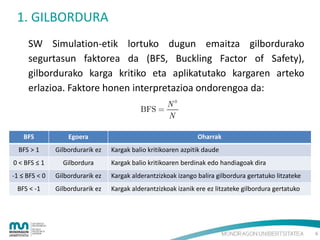 1. GILBORDURA
SW Simulation-etik lortuko dugun emaitza gilbordurako
segurtasun faktorea da (BFS, Buckling Factor of Safety),
gilbordurako karga kritiko eta aplikatutako kargaren arteko
erlazioa. Faktore honen interpretazioa ondorengoa da:
N0
BFS 
N
BFS

Egoera

Oharrak

BFS > 1

Gilbordurarik ez

0 < BFS ≤ 1

Gilbordura

-1 ≤ BFS < 0

Gilbordurarik ez

Kargak alderantzizkoak izango balira gilbordura gertatuko litzateke

BFS < -1

Gilbordurarik ez

Kargak alderantzizkoak izanik ere ez litzateke gilbordura gertatuko

Kargak balio kritikoaren azpitik daude
Kargak balio kritikoaren berdinak edo handiagoak dira

6

 