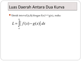 Luas Daerah Antara Dua Kurva
Untuk interval [a,b] dengan f(x)>=g(x), maka:
[ ]( ) ( )
b
a
L f x g x dx= −∫
 