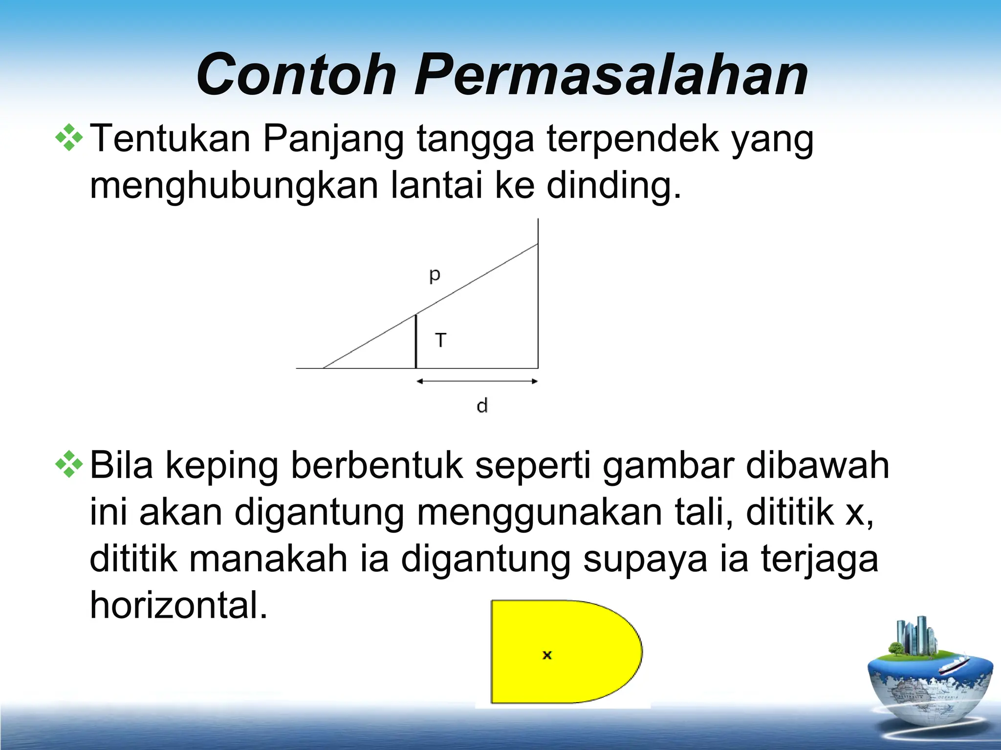 Contoh Permasalahan
Tentukan Panjang tangga terpendek yang
menghubungkan lantai ke dinding.
Bila keping berbentuk seperti gambar dibawah
ini akan digantung menggunakan tali, dititik x,
dititik manakah ia digantung supaya ia terjaga
horizontal.
 