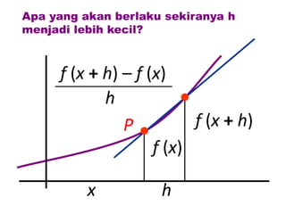 Apa yang akan berlaku sekiranya h
menjadi lebih kecil?



     f (x + h) – f (x)
            h
               P          f (x + h)
                    f (x)

          x          h
 