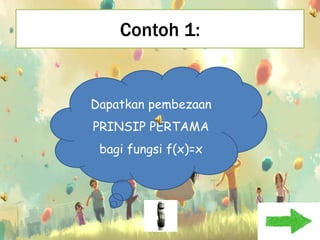 Contoh 1:


Dapatkan pembezaan
PRINSIP PERTAMA
 bagi fungsi f(x)=x
 
