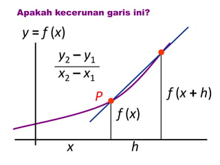 Apakah kecerunan garis ini?

 y = f (x)
        y2 – y1
        x2 – x1
                 P            f (x + h)
                     f (x)

             x          h
 