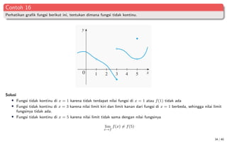 Contoh 16
Perhatikan grafik fungsi berikut ini, tentukan dimana fungsi tidak kontinu.
Solusi
• Fungsi tidak kontinu di x = 1 karena tidak terdapat nilai fungsi di x = 1 atau f(1) tidak ada
• Fungsi tidak kontinu di x = 3 karena nilai limit kiri dan limit kanan dari fungsi di x = 1 berbeda, sehingga nilai limit
fungsinya tidak ada.
• Fungsi tidak kontinu di x = 5 karena nilai limit tidak sama dengan nilai fungsinya
lim
x→f
f(x) 6= f(5)
34 / 40
 