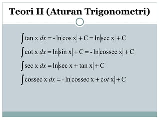 Teori II (Aturan Trigonometri)
Cxcxcossecln-xcossec
Cxtanxseclnxsec
Cxcossecln-Cxsinlnxcot
CxseclnCxcosln-xtan
++=
++=
+=+=
+=+=
∫
∫
∫
∫
otdx
dx
dx
dx
 