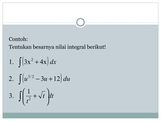 Contoh:
Tentukan besarnya nilai integral berikut!
( )dx4x3x.1 2
∫ +
( )duuu 123.2 2/3
∫ +−
dtt
t∫ 





+2
1
.3
 