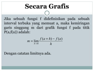 Secara Grafis
Jika sebuah fungsi f didefinisikan pada sebuah
interval terbuka yang memuat a, maka kemiringan
garis singgung m dari grafik fungsi f pada titik
P(a,f(a)) adalah:
Dengan catatan limitnya ada.
h
afhaf
m
h
)()(
lim
0
−+
=
→
 
