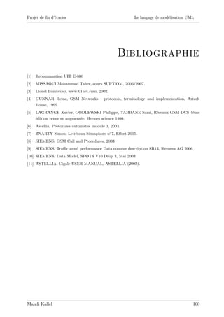 Projet de …n d’
              études                                   Le langage de modélisation UML




                                                  Bibliographie
[1]   Recommantion UIT E-800
[2]   MISSAOUI Mohammed Taher, cours SUP’COM, 2006/2007.
[3]   Lionel Lumbroso, www.01net.com, 2002.
[4]   GUNNAR Heine, GSM Networks : protocols, terminology and implementation, Artech
      House, 1999.
[5]   LAGRANGE Xavier, GODLEWSKI Philippe, TABBANE Sami, Réseaux GSM-DCS 4ème
      édition revue et augmentée, Hermes science 1999.
[6]   Astellia, Protocoles automates module 3, 2003.
[7]   ZNARTY Simon, Le réseau Sémaphore n 7, E¤ort 2005.
[8]   SIEMENS, GSM Call and Procedures, 2003
[9]   SIEMENS, Tra¢ c annd performance Data counter description SR13, Siemens AG 2006
[10] SIEMENS, Data Model, SPOTS V10 Drop 3, Mai 2003
[11] ASTELLIA, Cigale USER MANUAL, ASTELLIA (2002).




Mahdi Kallel                                                                            100
 
