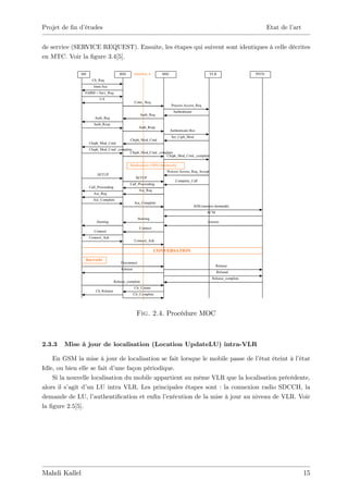 Projet de …n d’
              études                                                                                                          Etat de l’art


de service (SERVICE REQUEST). Ensuite, les étapes qui suivent sont identiques à celle décrites
en MTC. Voir la …gure 3.4[5].

              MS                        BSS        Interface A     MSC                             VLR                 PSTN
                    Ch_Req
                     Imm-Ass
                SABM + Serv_Req
                         UA
                                                   Conn_ Req
                                                                         Process Access_Req
                                                                           Authenticate
                                                       Auth_Req
                      Auth_Req
                     Auth_Resp
                                                       Auth_Resp
                                                                         Authenticate.Res
                                                                         Set_Ciph_Mod
                                               Chiph_Mod_Cmd
                   Chiph_Mod_Cmd
                   Chiph_Mod_Cmd _complete
                                         Chiph_Mod_Cmd _complete
                                                            Chiph_Mod_Cmd _complete

                                               Réallocation TMSI Optionnelle
                                                                      Process Access_Req_Accept
                        SETUP
                                                    SETUP
                                                                            Complete_Call
                                               Call_Proceeding
                   Call_Proceeding
                                                       Ass_Req
                     Ass_Req
                     Ass_Complete
                                                   Ass_Complete
                                                                                          AIM (numéro demandé)
                                                                                                 ACM
                                                      Alerting
                       Alerting                                                                   Answer
                                                       Connect
                      Connect
                   Connect_Ack
                                                   Connect_Ack

                                                                 CONVERSATION
                Raccroché
                                         Disconnect
                                                                                                       Release
                                         Release
                                                                                                       Relsead
                                                                                                    Release_complete
                                     Release_complete
                                                   Clr_Comm
                       Ch_Release
                                                   Clr_Complete




                                                     Fig. 2.4. Procédure MOC



2.3.3   Mise à jour de localisation (Location UpdateLU) intra-VLR

    En GSM la mise à jour de localisation se fait lorsque le mobile passe de l’ état éteint à l’état
Idle, ou bien elle se fait d’une façon périodique.
    Si la nouvelle localisation du mobile appartient au même VLR que la localisation précédente,
alors il s’agit d’ LU intra VLR. Les principales étapes sont : la connexion radio SDCCH, la
                  un
demande de LU, l’    authenti…cation et en…n l’exécution de la mise à jour au niveau de VLR. Voir
la …gure 2.5[5].




Mahdi Kallel                                                                                                                                  15
 