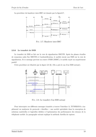 Projet de …n d’
              études                                                            Etat de l’art


   La procédure du handover inter-BSC est donnée par la …gure2.7.




                               Fig. 2.7. Handover inter-BSC



2.3.6   Le transfert de SMS

    Le transfert de SMS se fait sur la voie de signalisation SDCCH. Après les phases rituelles
de connexion radio Sur SDCCH et l’     authenti…cation, le mobile envoie son SMS sur la voie de
signalisation. Si ce message parvient au centre d’SMS (SMSC), le mobile reçoit un acquittement
positif.
    Cette procédure est illustrée par la …gure 2.8 [6]. (On a pris le cas d’ SMS sortant).
                                                                           un




                          Fig. 2.8. Le transfert d’ SMS sortant
                                                  un


    Pour intercepter ces di¤érents messages transités a travers l’interface A, TUNISIANA a im-
plémenté un analyseur de protocole « Astellia» : une société spécialisée dans la conception de
solutions matérielles et logicielles dédiées à l’optimisation des performances des réseaux de la
téléphonie mobile. Le paragraphe suivant explique la méthode Astellia de capture.




Mahdi Kallel                                                                                    18
 