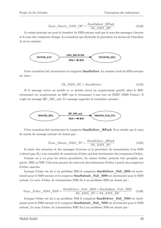 Projet de …n d’
              études                                                 Conception des indicateurs


                                                    SmsSubmit_RP ack
                       T aux_Succes_SM S_OC =                                              (3.33)
                                                       N b_SM S_OC
    Le même principe est pour le transfert du SMS entrant sauf que le sens des messages s’inverse
et le nom des compteurs change. La transition qui déclenche la procédure au niveau de l’interface
A est la suivante



                                      SMS_DELIVER
              MTSMS_EST                                         MTOSMS_DEL
                                       MSC      BSC



    Cette transition fait incrémenter le compteur SmsDeliver. Le nombre total de SMS sortants
est alors :

                                  N b_SM S_T C = SmsDeliver                                   (3.34)
    Si le message arrive au mobile et ce dernier envoi un acquittement positif, alors le BSC
retransmet cet acquittement au MSC qui le retransmet à son tour au SMSC (SMS Center). Il
s’agit du message RP_MO_ack. Ce message engendre la transition suivante :



                                       RP_MO_ack
               MOSMS_DEL                                     MOSMS_SUB_FIN
                                       MSC      BSC



    Cette transition fait incrémenter le compteur SmsDeliver_RPack. Il en résulte que le taux
de succès de message entrant est donné par :

                                                       SmsDeliver_RP ack
                       T aux_Succes_SM S_T C =                                                 (3.35)
                                                          N b_SM S_T C
    Il existe des scénarios et des messages d’  erreurs si la procédure de transmission d’ SMS
                                                                                             un
n’abouti pas. Il y a un ensemble de transitions d’échec qui font incrémenter des compteurs d’  échec.
    Comme on a vu pour les autres procédures, les causes d’        échec peuvent être groupées par
partie ; BSS ou NSS. Cela nous permet de concevoir des indicateurs d’   échec à partir des compteurs
d’échec associés.
    Lorsque l’ échec est du à un problème BSS le compteur SmsDeliver_Fail_BSS est incré-
menté pour le SMS entrant et le compteur SmsSubmit_Fail_BSS est incrémenté pour le SMS
sortant. Le taux d’  échec de transmission SMS du à un problème BSS est donné par :


                                   SmsDeliver_F ail_BSS + SmsSubmit_F ail_BSS
   T aux_Echec_SM S_BSS =                                                                     (3.36)
                                          N b_SM S_T C + N b_SM S_OC
    Lorsque l’échec est du à un problème NSS le compteur SmsDeliver_Fail_NSS est incré-
menté pour le SMS entrant et le compteur SmsSubmit_Fail_NSS est incrémenté pour le SMS
sortant. Le taux d’échec de transmission SMS du à un problème NSS est donné par :


Mahdi Kallel                                                                                      49
 