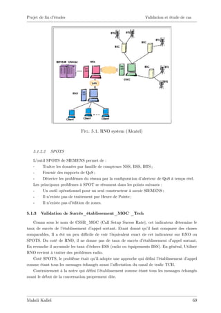 Projet de …n d’
              études                                                Validation et étude de cas




                               Fig. 5.1. RNO system (Alcatel)



   5.1.2.2   SPOTS

   L’outil SPOTS de SIEMENS permet de :
   -    Traiter les données par famille de compteurs NSS, BSS, BTS ;
   -    Fournir des rapports de QoS ;
   -    Détecter les problèmes du réseau par la con…guration d’ alerteur de QoS à temps réel.
   Les principaux problèmes à SPOT se résument dans les points suivants :
   -    Un outil opérationnel pour un seul constructeur à savoir SIEMENS ;
   -    Il n’existe pas de traitement par Heure de Pointe ;
   -    Il n’existe pas d’édition de zones.

5.1.3   Validation de Succès_établissement_MOC _Tech

   Connu sous le nom de CSSR_MOC (Call Setup Sucess Rate), cet indicateur détermine le
taux de succès de l’ établissement d’appel sortant. Etant donné qu’ faut comparer des choses
                                                                      il
comparables, Il a été un peu di¢ cile de voir l’  équivalent exact de cet indicateur sur RNO ou
SPOTS. Du coté de RNO, il ne donne pas de taux de succès d’        établissement d’  appel sortant.
En revanche il accumule les taux d’ échecs BSS (radio ou équipements BSS). En général, Utiliser
RNO revient à traiter des problèmes radio.
   Coté SPOTS, le problème était qu’ adopte une approche qui dé…ni l’
                                        il                                   établissement d’appel
comme étant tous les messages échangés avant l’    a¤ectation du canal de tra…c TCH.
   Contrairement à la notre qui dé…ni l’   établissement comme étant tous les messages échangés
avant le début de la conversation proprement dite.




Mahdi Kallel                                                                                     69
 