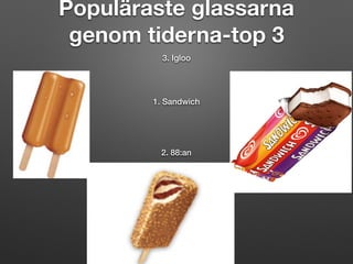 Populäraste glassarna
genom tiderna-top 3
3. Igloo
2. 88:an
1. Sandwich
 