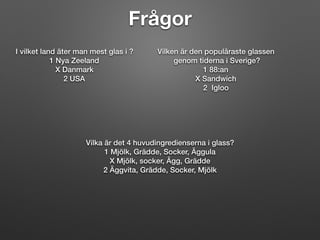 Frågor
I vilket land äter man mest glas i ?
1 Nya Zeeland
X Danmark
2 USA
Vilken är den populäraste glassen
genom tiderna i Sverige?
1 88:an
X Sandwich
2 Igloo
Vilka är det 4 huvudingredienserna i glass?
1 Mjölk, Grädde, Socker, Äggula
X Mjölk, socker, Ägg, Grädde
2 Äggvita, Grädde, Socker, Mjölk
 